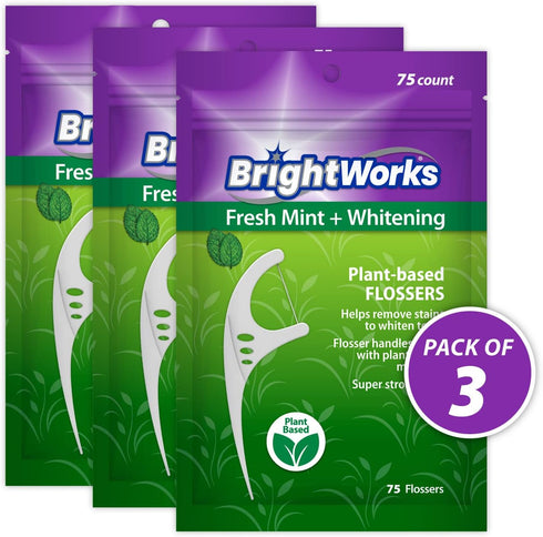 225 Piece BrightWorks Fresh Mint + Whitening Dental Flossers, 75 Count (Pack of 3) with Plant-Based Handles