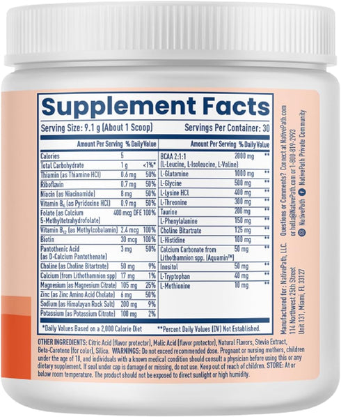 NativePath Hydrate Electrolytes Powder, Zero Sugar with BCAAs, Peach Mango Flavor, Keto & Paleo Friendly, 30 Servings