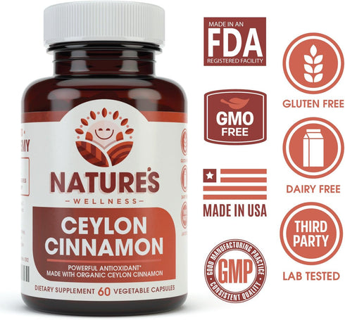 Natures Wellness Organic Ceylon Cinnamon - 1200 mg | Powerful Antioxidant | Maintains Joint Health and Mobility | Non-GMO | 60 Veg Capsules