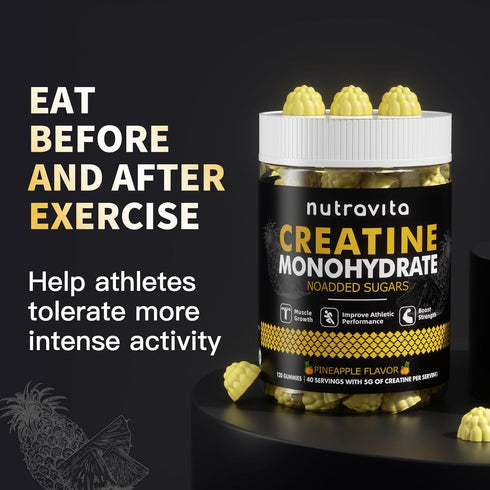 Creatine Monohydrate Gummies, 5g per Serving, Sugar Free, Vegan, Pineapple Flavor, 120 Count for Men & Women