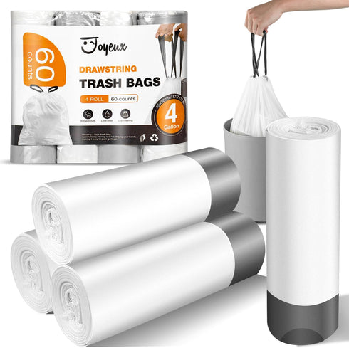 Small Trash Bags, 4 Gallon, 60 Count, Drawstring, Unscented, White Trash Can Liners