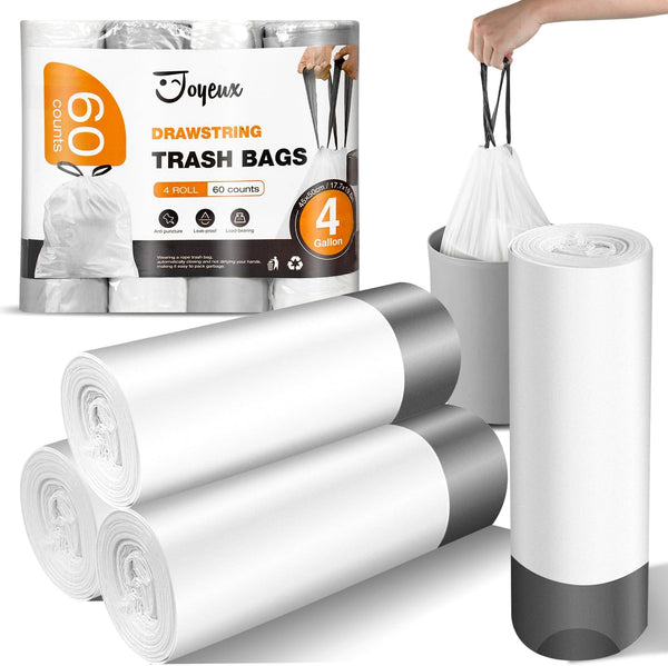 Small Trash Bags, 4 Gallon, 60 Count, Drawstring, Unscented, White Trash Can Liners