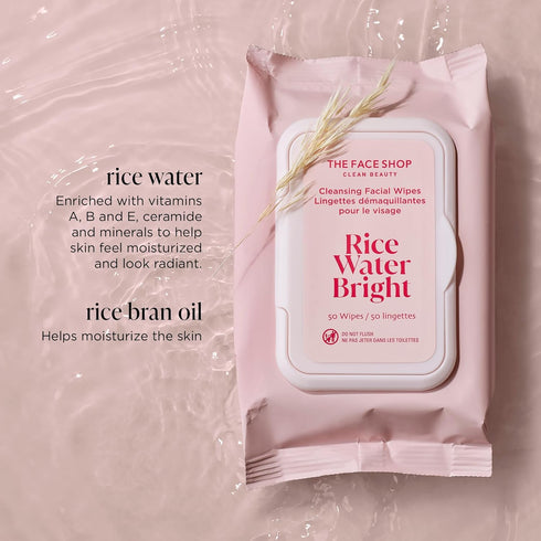 The Face Shop Rice Water Bright Makeup Remover Wipes, Vegan Cleansing Wipes with Rice Extract, Brightening &