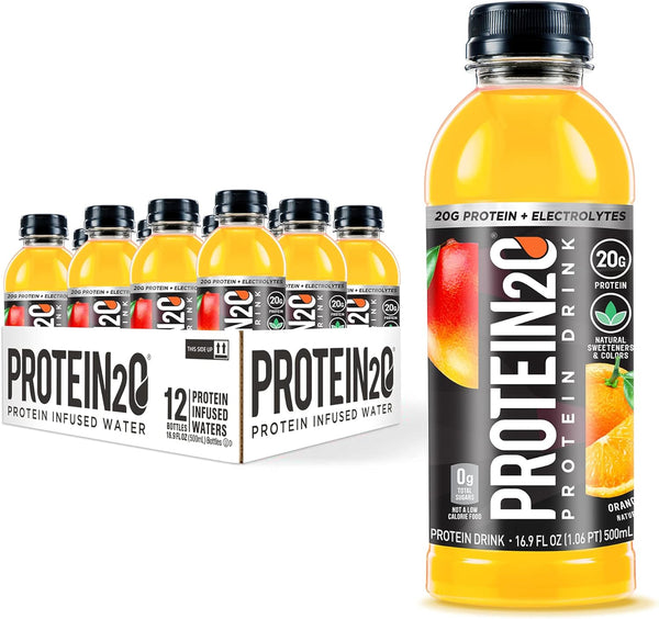 Protein2o Whey Protein Isolate Infused Water, 20g Protein, Sugar Free Sports Drink, Orange Mango, 16.9 oz Bottle (12