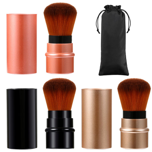 Vtrem Retractable Makeup Brush Set, 3 Colors Kabuki Foundation Brush, Portable Mini Makeup Brushes with Cover