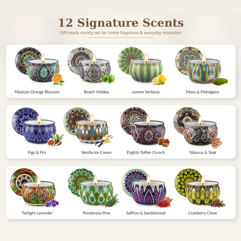 Set, 12 Pack 12 Scented Candles Gift Soy Wax Candles for Home, Scents, Aromatherapy Travel Tins with Gift Box