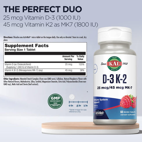 Kal 1000 Iu D-3 & K2 Tablets, Raspberry, 60 Count (Pack of 1)