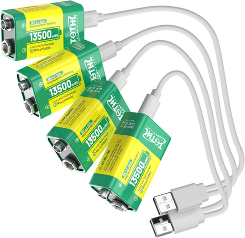 9V Battery for Smoke Detector, USB Rechargeable 9V Lithium Batteries, 13500mWh Long Lasting, 4 Pack