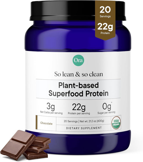 Ora Organic Vegan Protein Powder - 22g Plant Based Chocolate Flavor with Digestive Enzyme, 20 Servings, Gluten Free