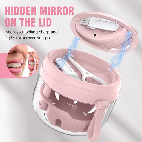 Denture Bath Box Cup Kit, Portable Leak Proof Retainer Case for Travel, Cleaning Care with Brush, Strainer, Tool, Mirror