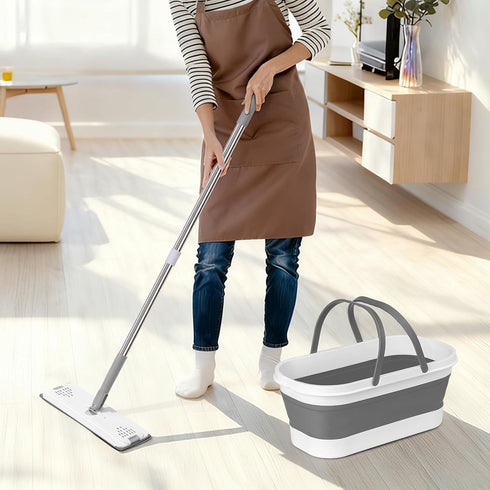 Set 2 Flat Mop and Bucket with Heavy Duty Scrub Brush, Washable Reusable Microfiber Pads, for Tile Hardwood, Wall