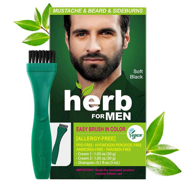 Herb For Men Mustache & Beard Dye, PPD & Ammonia Free, Vegan Natural Ingredients, Soft Black, 1 Pack