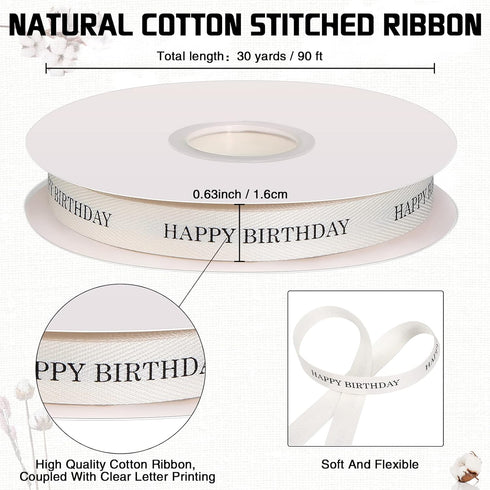 30 Yards 5/8 Inch Cotton Happy Birthday Ribbon for Gift Wrapping, Party Supplies