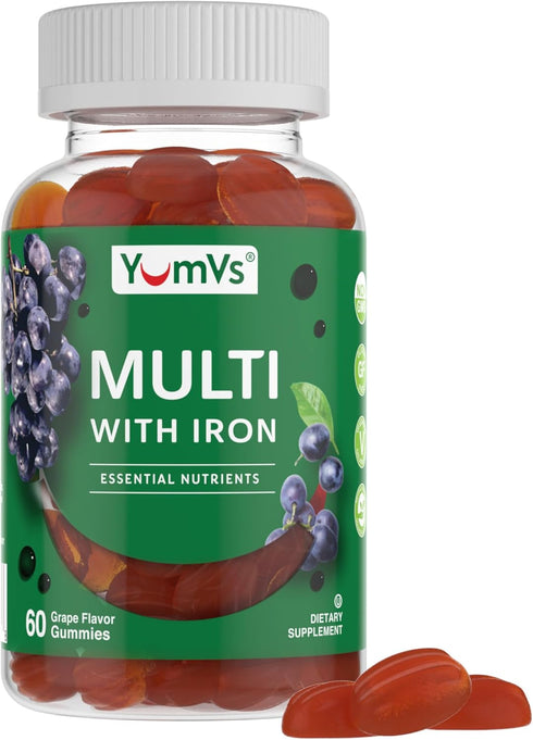YumVs Multivitamin Gummies with Iron - Vegetarian Kosher Multi Vitamins for Adults, Grape Flavor, 60 Count, with