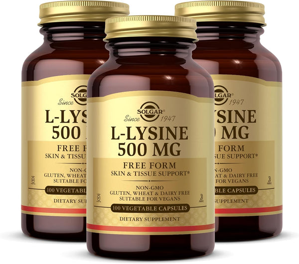 SOLGAR L-Lysine 500 mg, 100 Vegetable Capsules, Pack of 3, Non-GMO, Vegan, Gluten Free