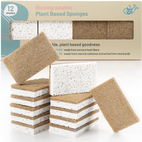 bioGo White 12 Pack Biodegradable Kitchen Sponges - Eco-Friendly Natural Cellulose Dish Sponges