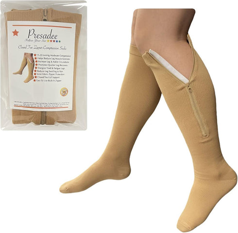 Closed Toe 15-20 mmHg Zipper Moderate Compression Leg Circulation Socks, 3XL (Beige)