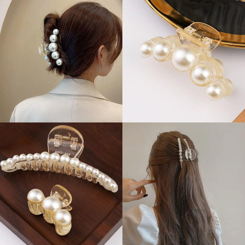 Mehayi 4 PCS Large Pearl Hair Claw Clips, Fashion Hair Accessories for Women Girls, Styling Tools for Party Wedding