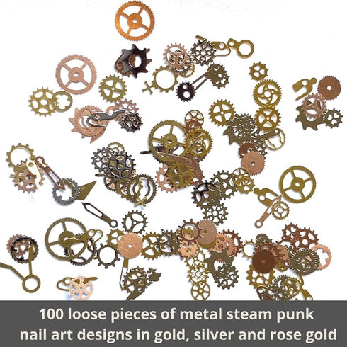 Steam Punk Encapsulated Nail Art Gear Cogs Charms, 100 Pieces, Steampunk 3D Metal Decal Art in Rose Gold and Silver