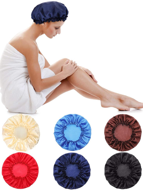 Syhood 6 Pieces Satin Bonnet Sleep Cap, Soft Elastic Night Hair Cover for Women in Red, Navy Blue, Dark Blue, and More
