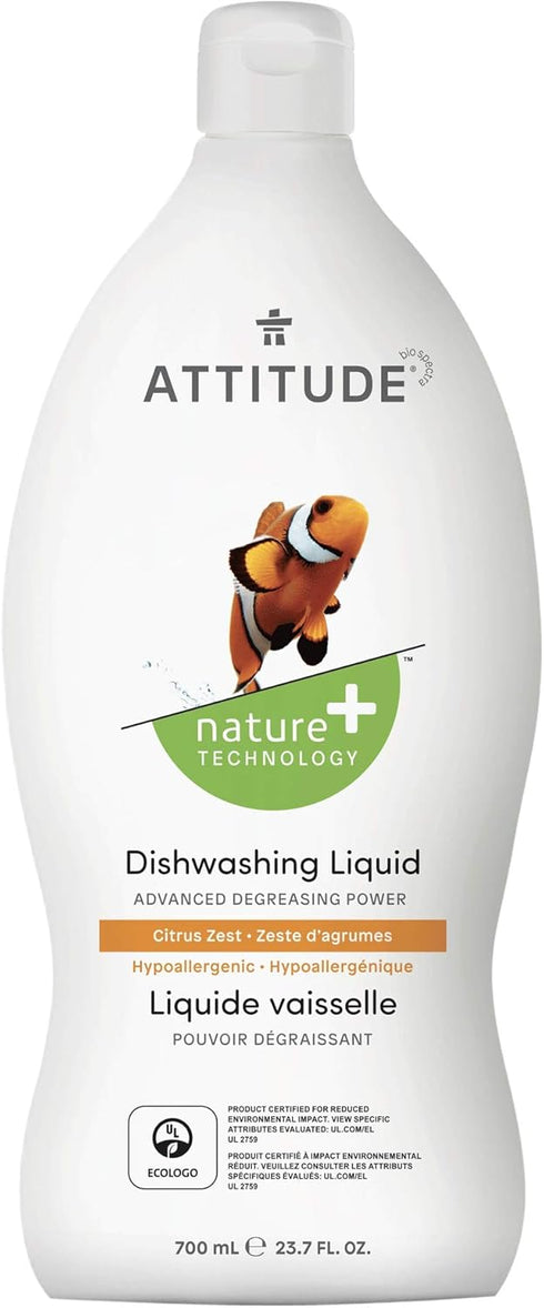 ATTITUDE Dishwashing Liquid, EWG Verified, Vegan, Plant Based, Citrus Zest, 23.7 Fl Oz