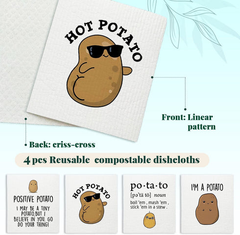 LARTSFRO 4 Pack Cute Positive Potato Swedish Dishcloths for Kitchen, Potato Gifts Swedish Dish Cloths Towels