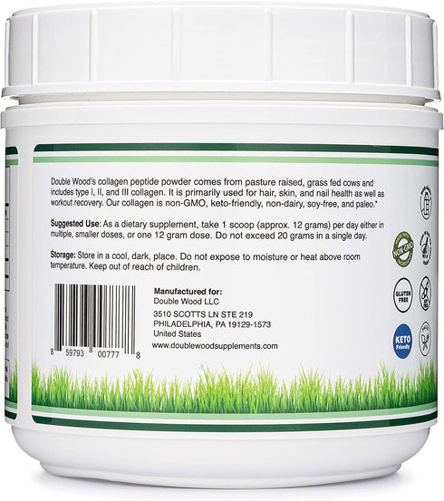 Collagen Peptides Powder, 16.08oz, Hydrolyzed Collagen, Keto Safe, Multi Type 1, 2, and 3, Grass Fed Bovine Source