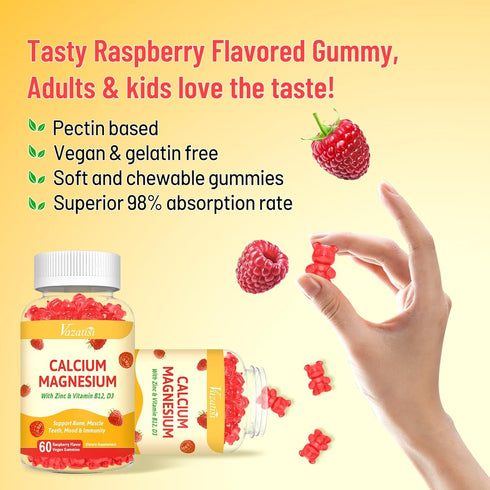 Calcium Magnesium Zinc Gummies with Vitamin D3 & B12, Sugar-Free, Vegan Raspberry Flavor - Supports Bone, Muscle, Mood