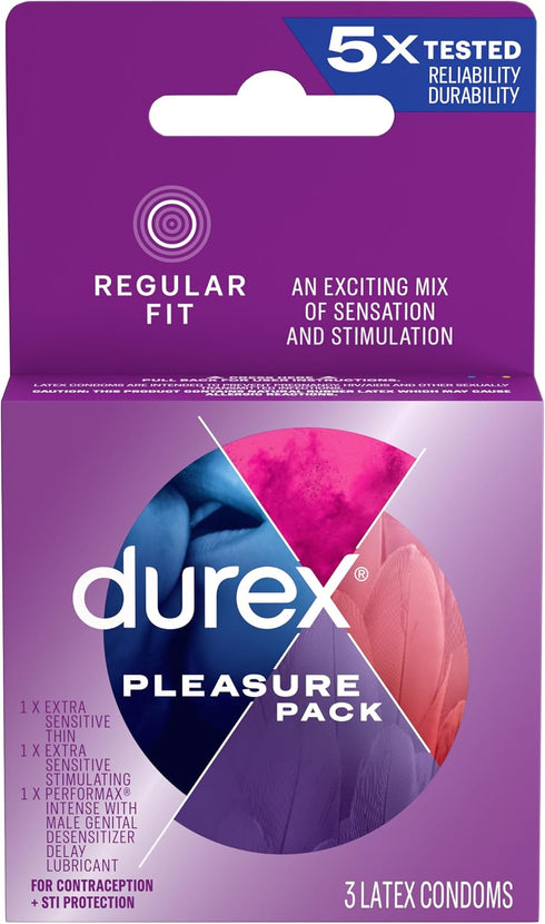 Durex Pleasure Pack, Assorted Premium Lubricated Condoms, 3 Count
