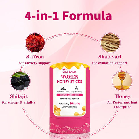 VITARENEW 75%+ 85+ 30 Count. Shilajit Honey Sticks for Women with Shatavari & Saffron | Fulvic Acid & Trace Minerals