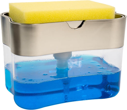 S&T INC. Dish Soap Dispenser and Sponge Holder, 13 Ounces, Metallic Silver - Sponge Included for Kitchen Sink