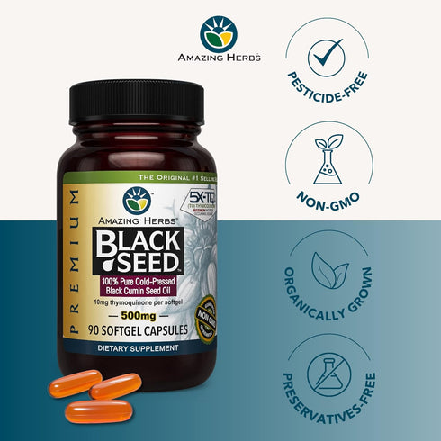 Amazing Herbs Premium Black Seed Oil Capsules - Cold Pressed Nigella Sativa, 90 Count, 500mg