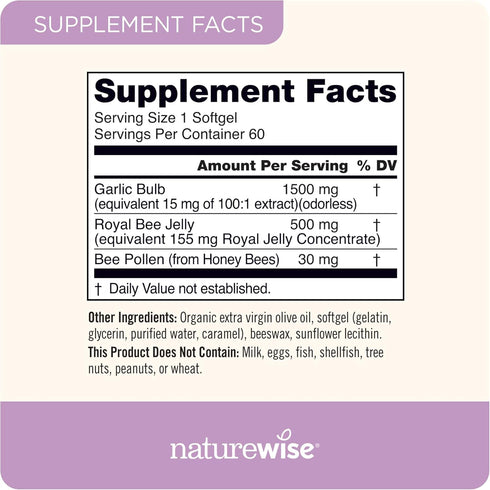 NatureWise Odorless Garlic Pills 1500 mg, with Royal Bee Jelly & Bee Pollen, 60 Softgels