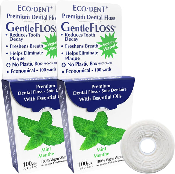 Eco-Dent GentleFloss Dental Floss, Waxed, Mint - Vegan Plant-Based Wax, 100 Yds Each (Pack of 2).
