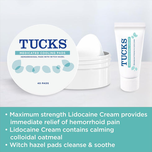 Tucks Multi-Care Relief Kit – 40 Count Witch Hazel Pads & 0.5 oz. Lidocaine Cream for Hemorrhoid Treatment