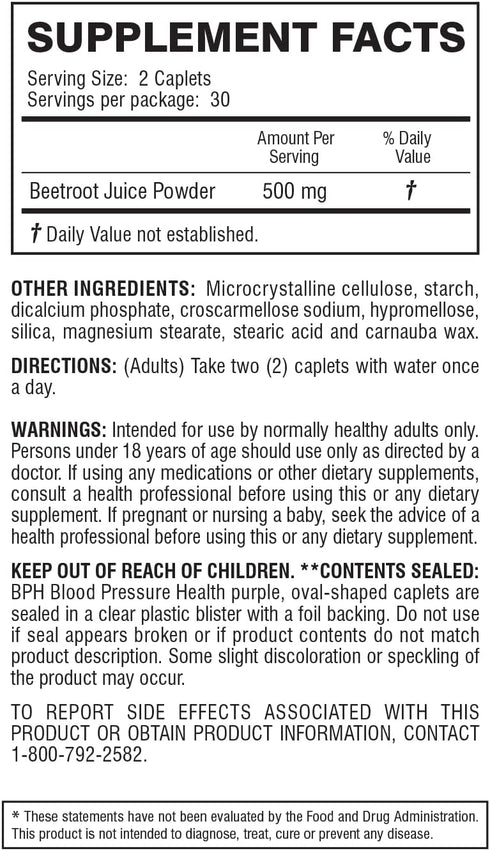 Blood Pressure Health Maintenance Dietary Supplement, 60 Count, Purple Beetroot Caplets