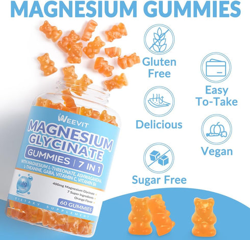 Sugar-Free Magnesium Glycinate Gummies 400mg with L-Threonate 200mg, Magnesium Gummies for Women and Men (2-Pack)