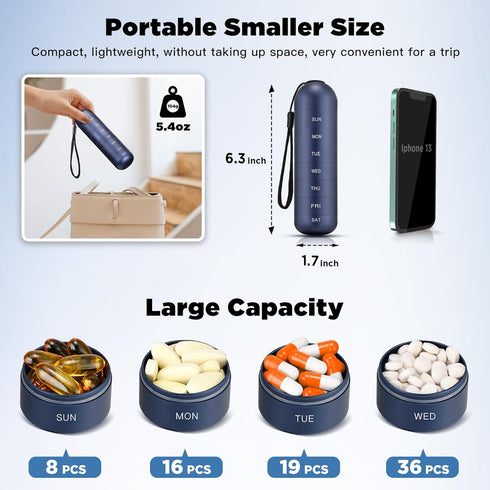 Zannaki Metal Moisture Proof Weekly Pill Organizer, Stackable Aluminum Alloy, BPA Free, 7 Day Waterproof Pill Box Case