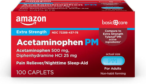 Amazon Basic Care Acetaminophen PM Caplets, Pain Reliever Plus Nighttime Sleep Aid, 100 Count