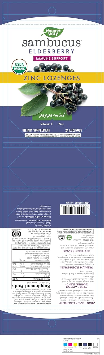 Nature’s Way Sambucus Zinc Lozenges with Elderberry and Vitamin C, Peppermint Flavored, 24 Lozenges