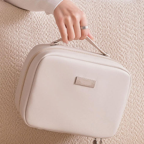 Portable Large Capacity Cosmetic Bag for Skincare Products & Makeup Brush Storage, Double Layer (White)