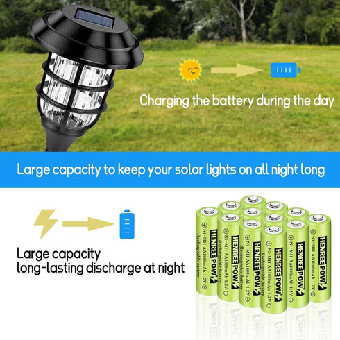 Henreepow Rechargeable AA Batteries, 12 Pack 1000mAh Pre-Charged for Outdoor Solar Lights, String Lights
