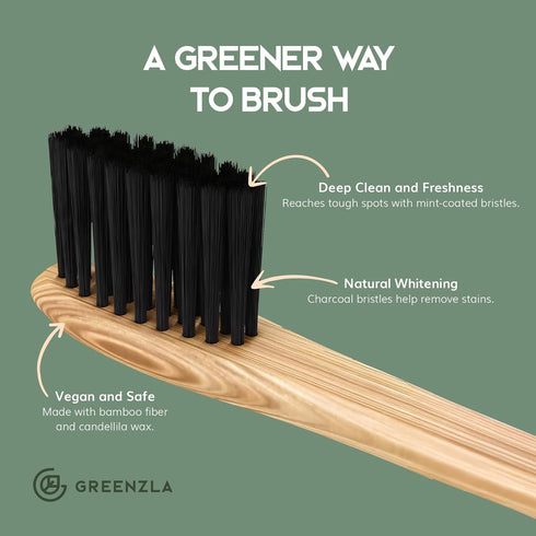 Set 4 Pack Greenzla Bamboo Toothbrushes, Wooden Toothbrush with Soft Bristles, Includes Travel Case and Charcoal Dental