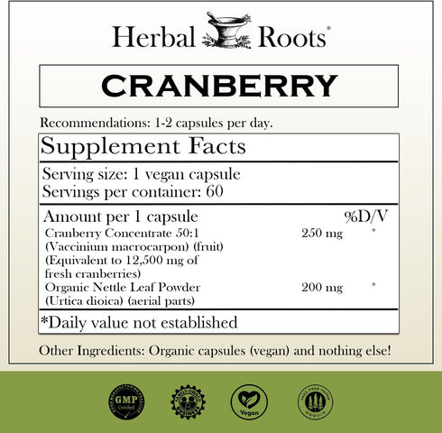 Herbal Roots Extra Strength Cranberry Pills for Women & Men with Organic Nettle, Urinary Tract Health, 60 Vegan Capsules