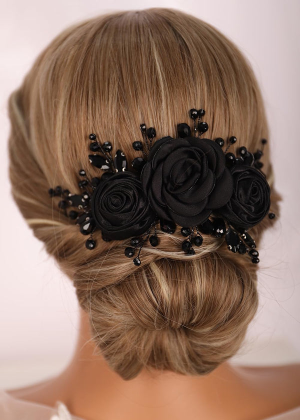 Kercisbeauty Soft Chiffon Black Rose Flower Headband, Handmade Rhinestones Hair Jewelry for Women