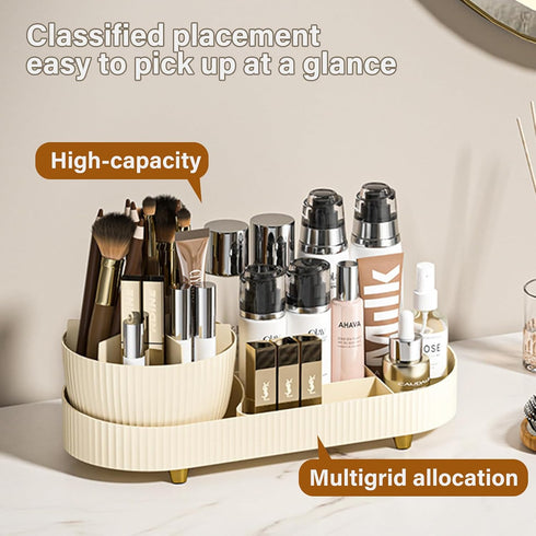 Rotating Makeup Organizer for Vanity with Brush Holder, Large Spinning Makeup Skincare Organizer (15x6.3'')