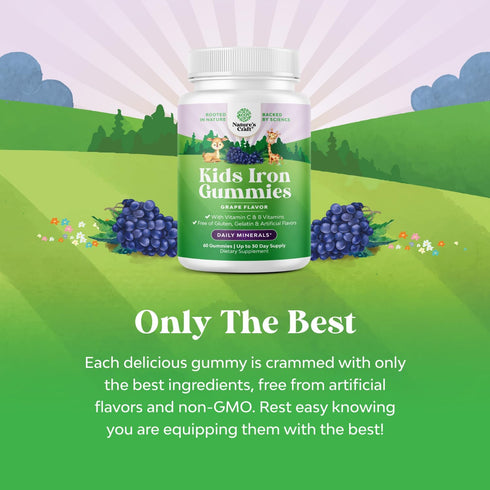 Tasty Kids Multivitamin with Iron Gummy - Gentle Iron Gummies for Kids with Vitamin C & B Complex - Vegan, Non-GMO &