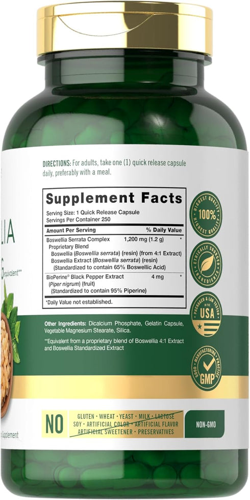 Carlyle Boswellia Extract Capsules 1200mg | 250 Count | Boswellia Serrata Complex with Black Pepper Extract | Non-GMO, Gluten Free