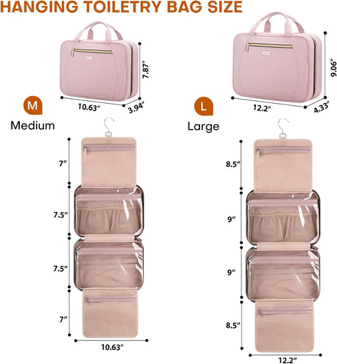 Women's Pink Travel Toiletry Bag - Hanging Makeup Organizer for Accessories and Full-size Containers