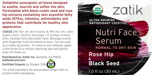 Zatik Naturals Nutri Face Serum, Rose Hip and Black Seed, 1.0 fl oz, USDA Organic